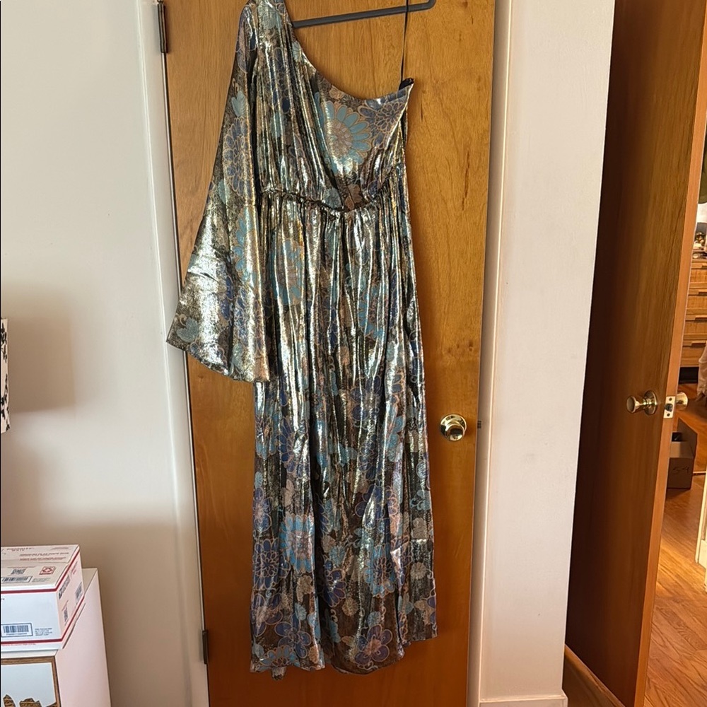 Trina Turk Amida Dress One-Shoulder Metallic Floral Maxi Dress in Teal and Gold